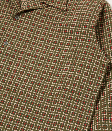 UNIVERSAL WORKS CAMP SHIRT 33750 OSCAR COTTON JACQUARD OLIVE - Shoelosophy