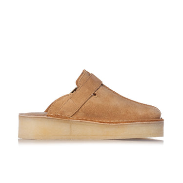 CLARKS ORIGINALS WOMENS DESERT TREK WEDGE MULE MID TAN SUEDE - Shoelosophy