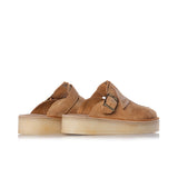 CLARKS ORIGINALS WOMENS DESERT TREK WEDGE MULE MID TAN SUEDE - Shoelosophy