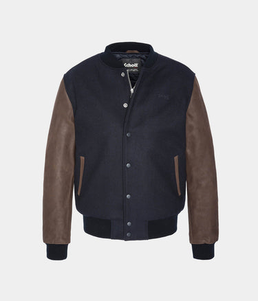 SCHOTT NY VARSITY JACKET LCUSA COWHIDE LEATHER NAVY BROWN - Shoelosophy