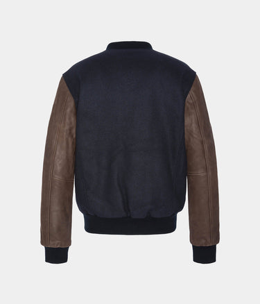 SCHOTT NY VARSITY JACKET LCUSA COWHIDE LEATHER NAVY BROWN - Shoelosophy
