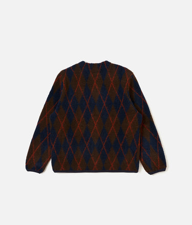 UNIVERSAL WORKS ARGYLL FLEECE CARDIGAN 33721 BROWN NAVY - Shoelosophy