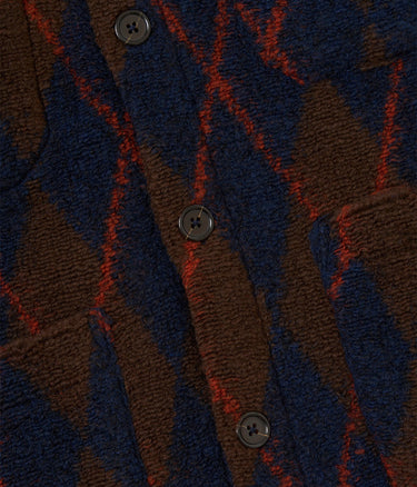 UNIVERSAL WORKS ARGYLL FLEECE CARDIGAN 33721 BROWN NAVY - Shoelosophy