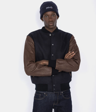 SCHOTT NY VARSITY JACKET LCUSA COWHIDE LEATHER NAVY BROWN - Shoelosophy