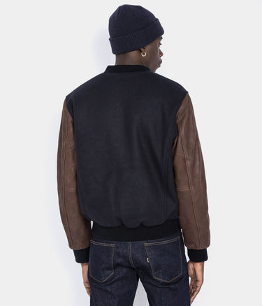 SCHOTT NY VARSITY JACKET LCUSA COWHIDE LEATHER NAVY BROWN - Shoelosophy