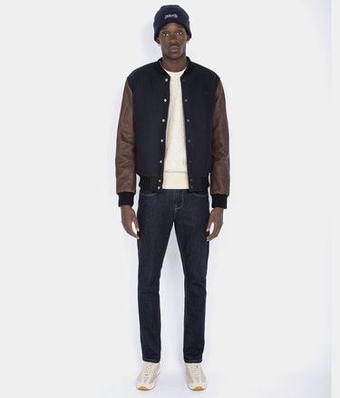 SCHOTT NY VARSITY JACKET LCUSA COWHIDE LEATHER NAVY BROWN - Shoelosophy