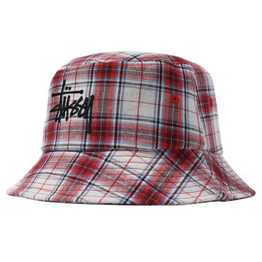 STUSSY MADRAS 체크 무늬 빅 로고 버킷 모자 1321042 RED - Shoelosophy