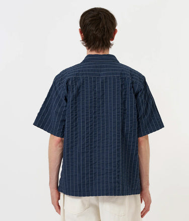 UNIVERSAL WORKS SS FATIGUE SHIRT CHESTER STRIPE P34050 NAVY - Shoelosophy