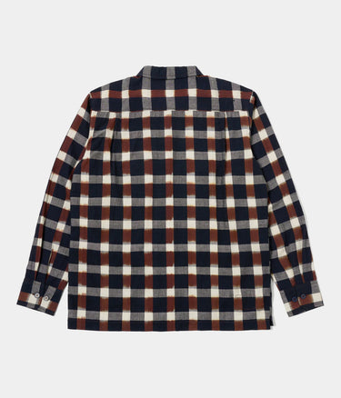 UNIVERSAL WORKS UTILITY SHIRT 31166 IKAT CHECK NAVY BRAUN - Shoelosophy