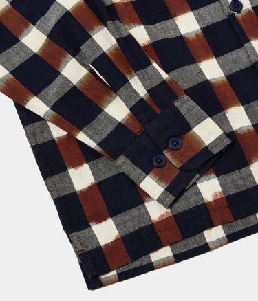 UNIVERSAL WORKS UTILITY SHIRT 31166 IKAT CHECK NAVY BRAUN - Shoelosophy