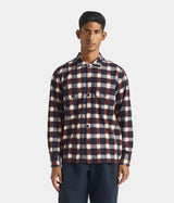 UNIVERSAL WORKS UTILITY SHIRT 31166 IKAT CHECK NAVY BRAUN - Shoelosophy