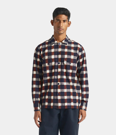 UNIVERSAL WORKS UTILITY SHIRT 31166 IKAT CHECK NAVY BRAUN - Shoelosophy