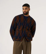 UNIVERSAL WORKS ARGYLL FLEECE CARDIGAN 33721 BROWN NAVY - Shoelosophy