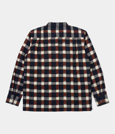 UNIVERSAL WORKS UTILITY SHIRT 31166 IKAT CHECK NAVY BRAUN - Shoelosophy