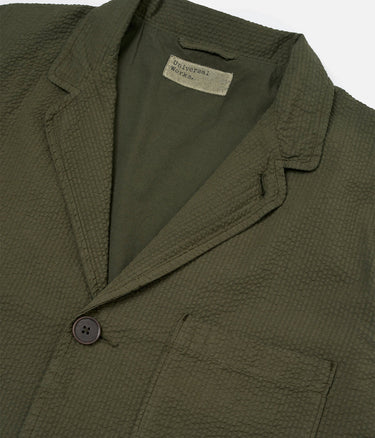 UNIVERSAL WORKS THREE BUTTON JACKET 34617 MERIDA SEERSUCKER OLIVE GARMENT DYED - Shoelosophy