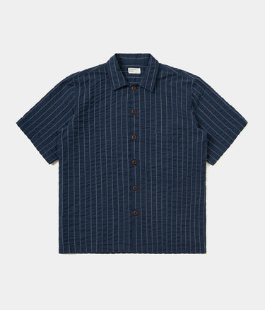 UNIVERSAL WORKS SS FATIGUE SHIRT CHESTER STRIPE P34050 NAVY - Shoelosophy