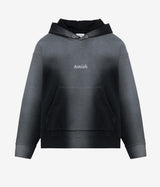 AMISH HOODED SWEATER MICRO LOGO BOXY CROP SPRAY USED WASHED BLACK - Shoelosophy