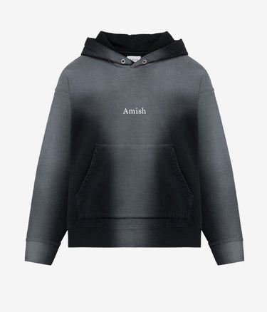 AMISH HOODED SWEATER MICRO LOGO BOXY CROP SPRAY USED WASHED BLACK - Shoelosophy
