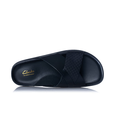 CLARKS SIGNATURE TORFORD CROSS SANDAL SLIDE 181382 BLACK LEATHER - Shoelosophy