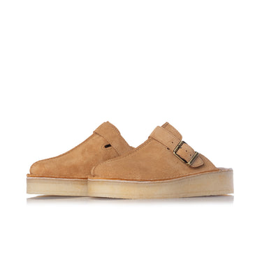CLARKS ORIGINALS WOMENS DESERT TREK WEDGE MULE MID TAN SUEDE - Shoelosophy