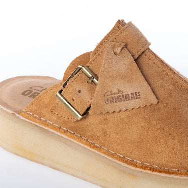 CLARKS ORIGINALS WOMENS DESERT TREK WEDGE MULE MID TAN SUEDE - Shoelosophy