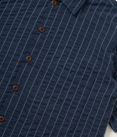 UNIVERSAL WORKS SS FATIGUE SHIRT CHESTER STRIPE P34050 NAVY - Shoelosophy