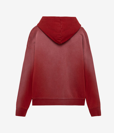 AMISH HOODED SWEATER MICRO LOGO BOXY CROP SPRAY USED EARTH RED - Shoelosophy