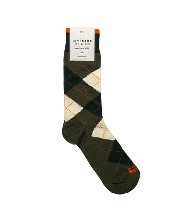 IN DER BOX ARGYLE-SOCKEN AUS BAUMWOLLE, MILITÄRGRÜN, CREME, HERGESTELLT IN ITALIEN - Shoelosophy