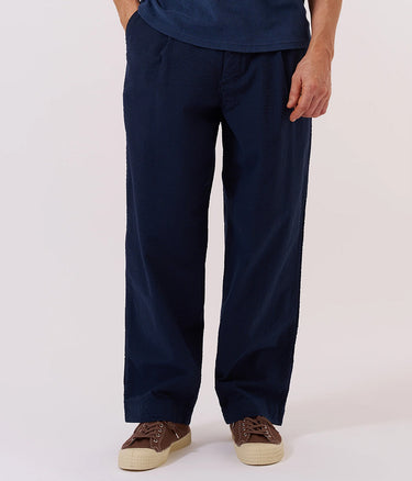 UNIVERSAL WORKS DUKE PANT 34626 DERBY STRIPE SEERSUCKER NAVY - Shoelosophy