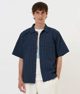 UNIVERSAL WORKS SS FATIGUE SHIRT CHESTER STRIPE P34050 NAVY - Shoelosophy