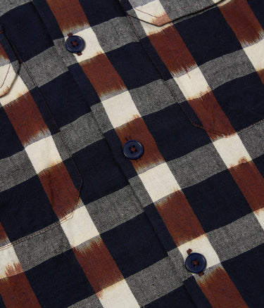 UNIVERSAL WORKS UTILITY SHIRT 31166 IKAT CHECK NAVY BRAUN - Shoelosophy