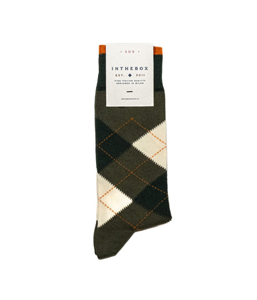IN DER BOX ARGYLE-SOCKEN AUS BAUMWOLLE, MILITÄRGRÜN, CREME, HERGESTELLT IN ITALIEN - Shoelosophy
