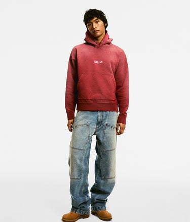 AMISH HOODED SWEATER MICRO LOGO BOXY CROP SPRAY USED EARTH RED - Shoelosophy