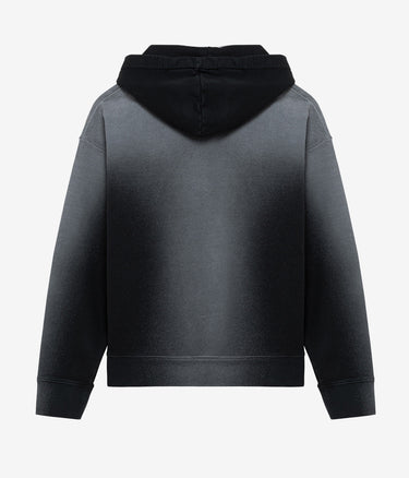 AMISH HOODED SWEATER MICRO LOGO BOXY CROP SPRAY USED WASHED BLACK - Shoelosophy