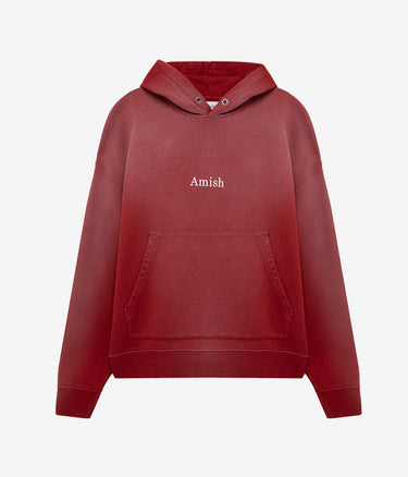 AMISH HOODED SWEATER MICRO LOGO BOXY CROP SPRAY USED EARTH RED - Shoelosophy