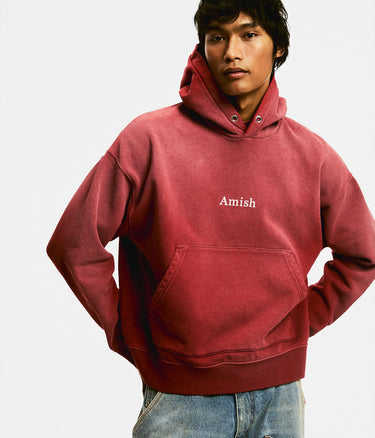 AMISH HOODED SWEATER MICRO LOGO BOXY CROP SPRAY USED EARTH RED - Shoelosophy