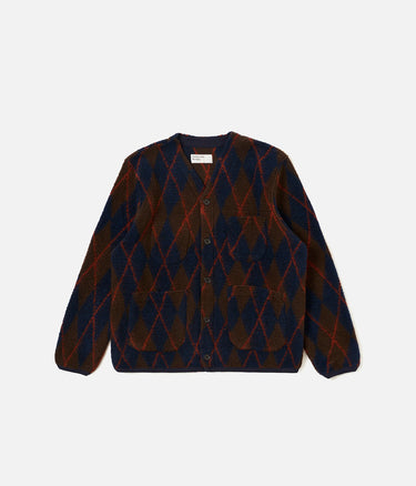 UNIVERSAL WORKS ARGYLL FLEECE CARDIGAN 33721 BROWN NAVY - Shoelosophy
